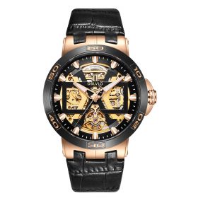 OBLVLO New Design Rose Gold Automatic Watches With Skeleton Dial Leather Strap Waterproof Big Watch UM