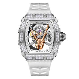 OBLVLO Hollow-out Mechanical Watch Fashion Tonneau Skeleton White Rubber Sport watches XM-FIG-D-YWWR
