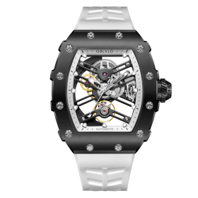 OBLVLO Hollow-out Mechanical Watch Fashion Tonneau Skeleton White Rubber Sport watches XM-XSK-BWWR
