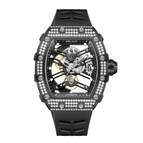 OBLVLO Hollow-out Diamonds Mechanical Watch Fashion Tonneau Skeleton Rubber Sport watches XM-XSK-D-BBBR