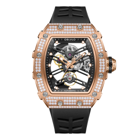 OBLVLO Hollow-out Diamonds Mechanical Watch Fashion Tonneau Skeleton Rubber Sport watches XM-XSK-D-PBBR