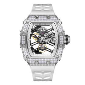 OBLVLO Hollow-out Diamonds Mechanical Watch Fashion Tonneau Skeleton Rubber Sport watches XM-XSK-D-YWWR